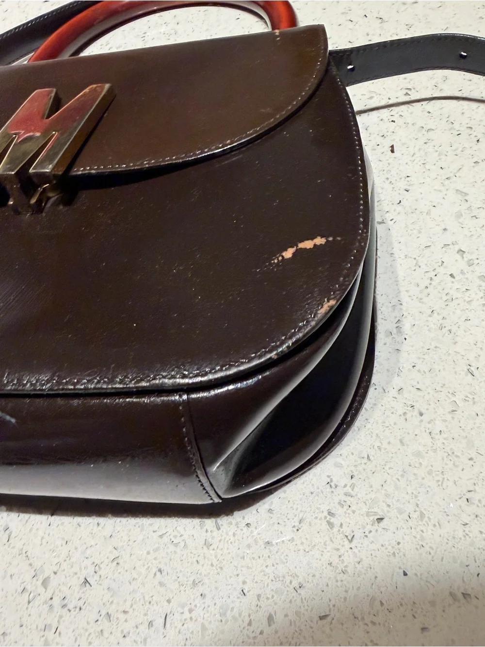 Moschino Brown Leather Top-Handle Bag with Wood Accent PROJECT